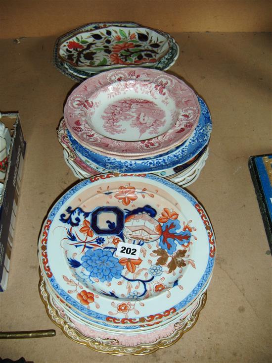 Collection of English porcelain and ironstone plates and a Chinese Imari dish